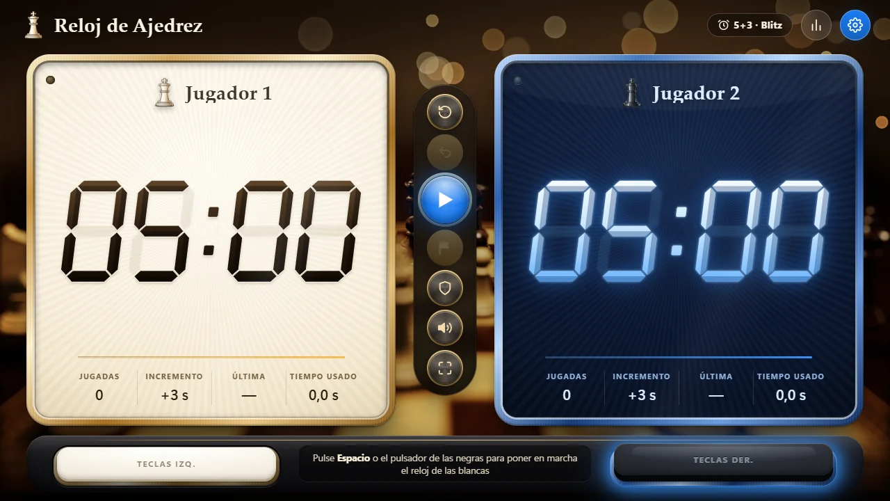 Pantalla del Reloj de Ajedrez con los dos relojes, los mandos y los pulsadores